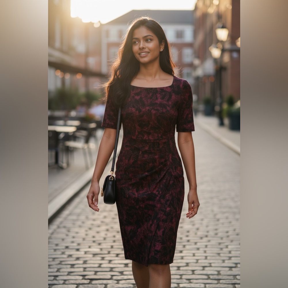 Maeve Dark Red and Black Midi Dress